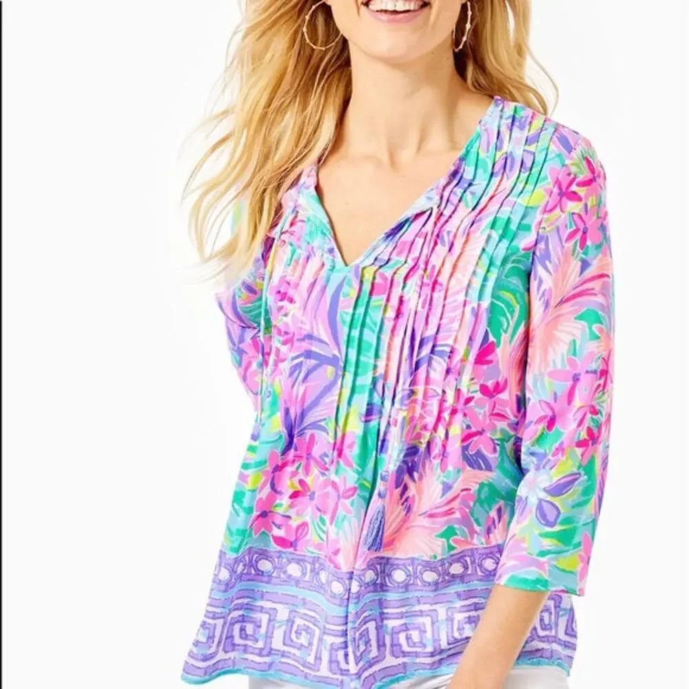 Lilly Pulitzer Marilina Bright Pink Aqua Purple Print Tunic It Was All A Dream - Picture 2 of 8